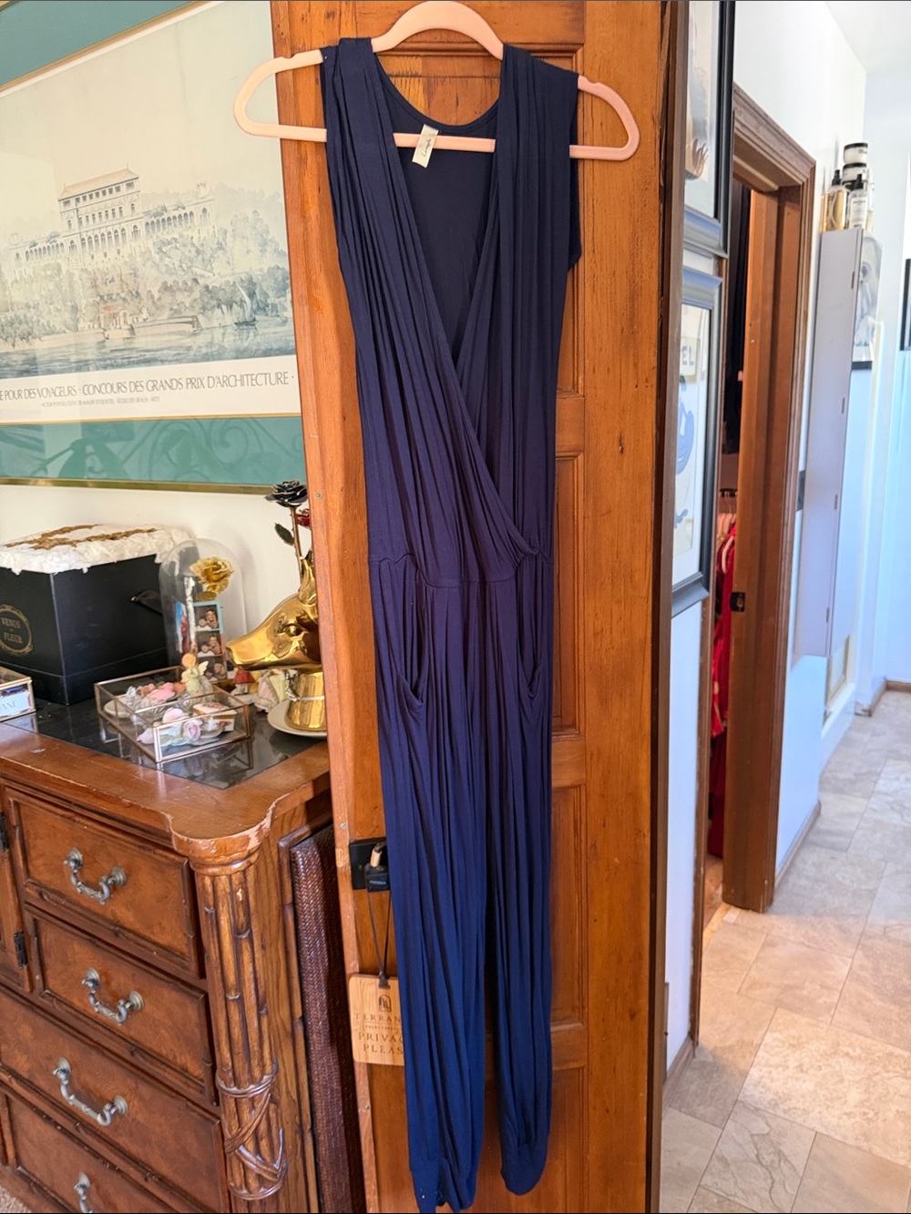 Loveappella Navy Sleeveless Wrap Jumpsuit with Pockets